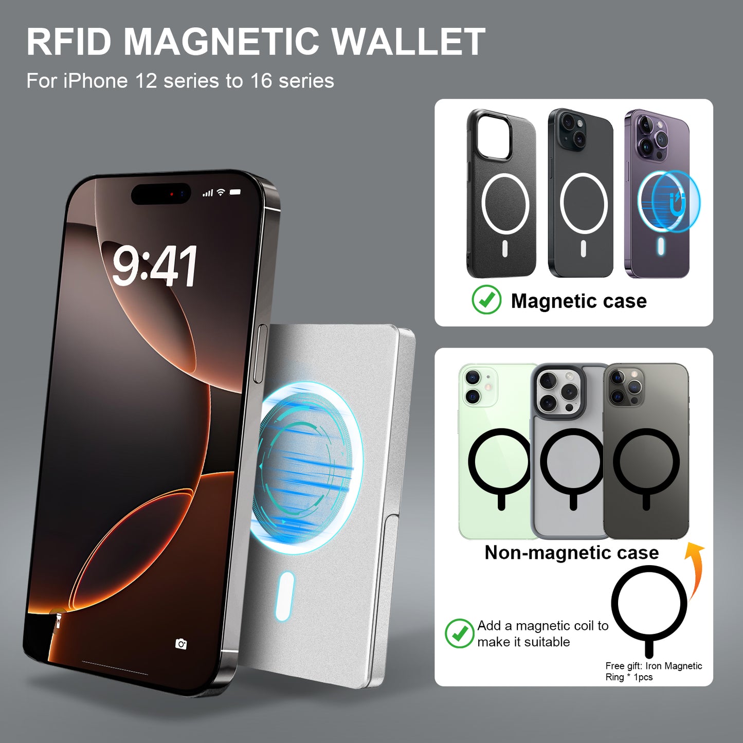 Cartera minimalista con bloqueo RFID y tarjetero delgado para Magsafe con soporte ajustable, billetera magnética emergente de metal para hombre TOYFID