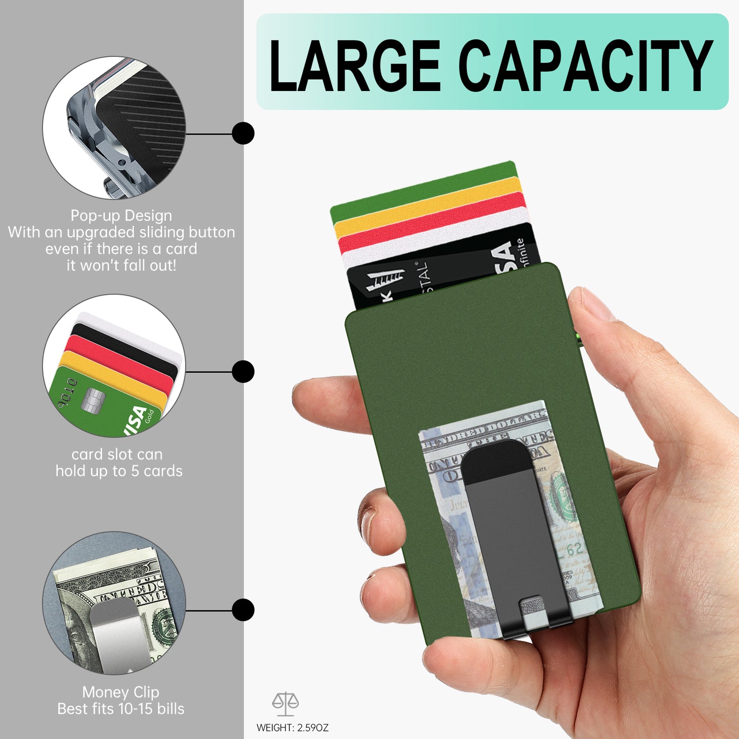 Minimalist Pop up Wallet with Money Clip, All Aluminum Slide Rfid Slim Card Holder