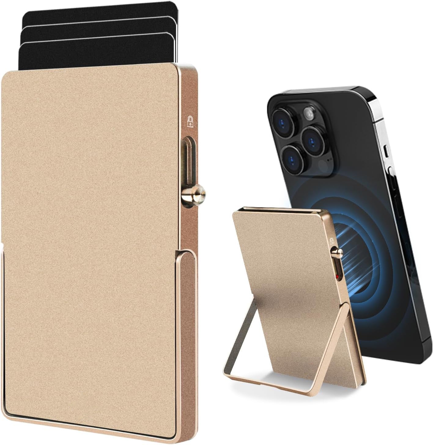 Cartera minimalista con bloqueo RFID y tarjetero delgado para Magsafe con soporte ajustable, billetera magnética emergente de metal para hombre TOYFID