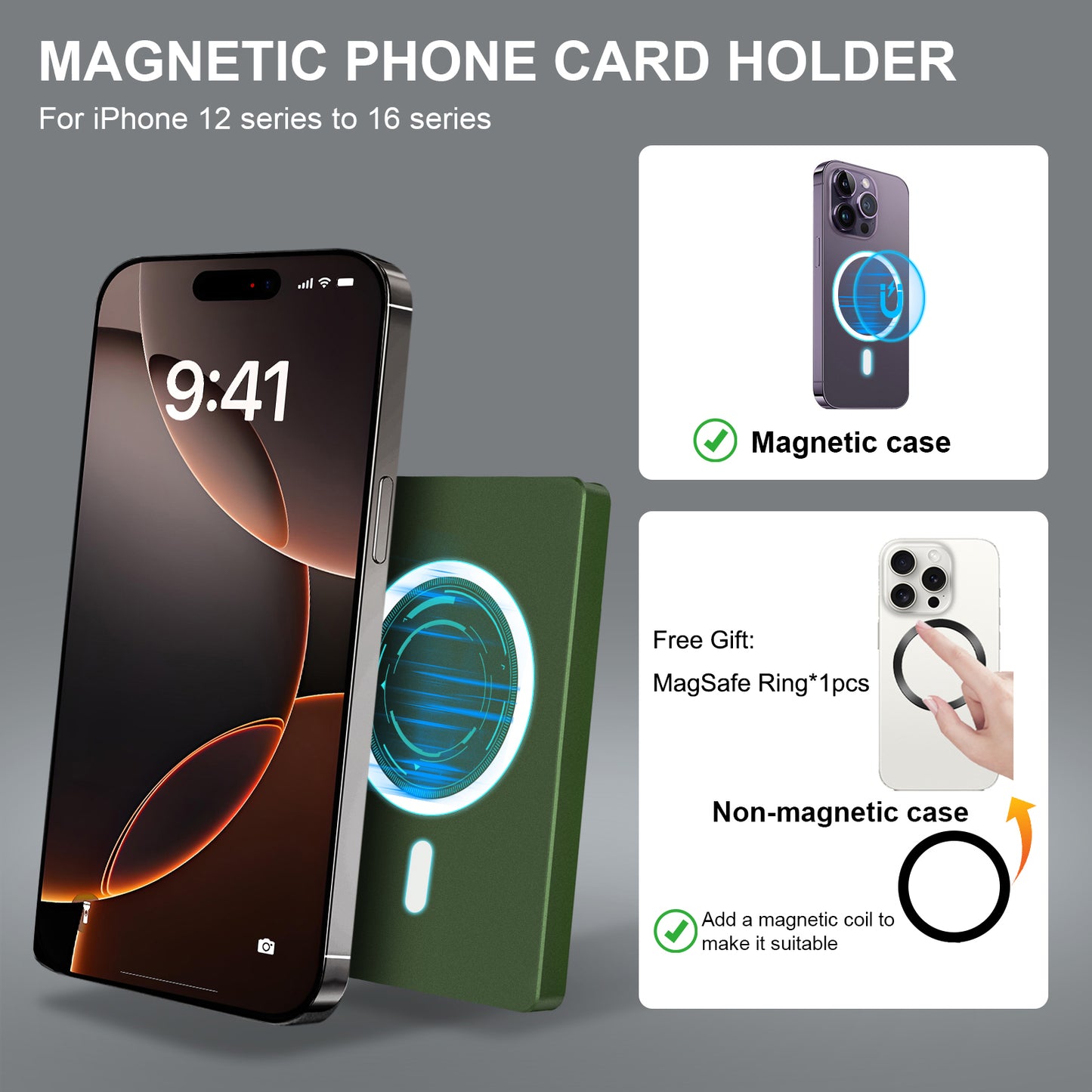 Cartera minimalista con bloqueo RFID y tarjetero delgado para Magsafe con soporte ajustable, billetera magnética emergente de metal para hombre TOYFID