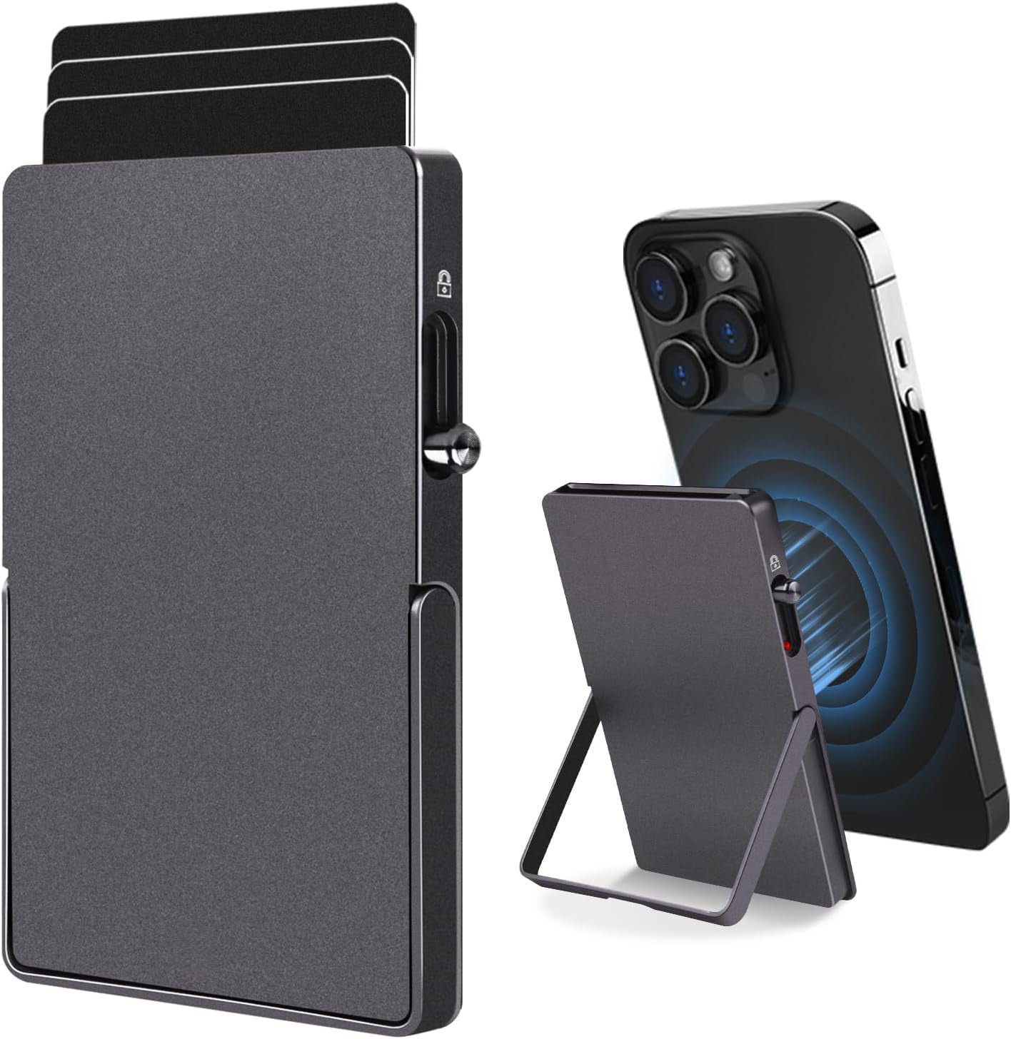 Cartera minimalista con bloqueo RFID y tarjetero delgado para Magsafe con soporte ajustable, billetera magnética emergente de metal para hombre TOYFID
