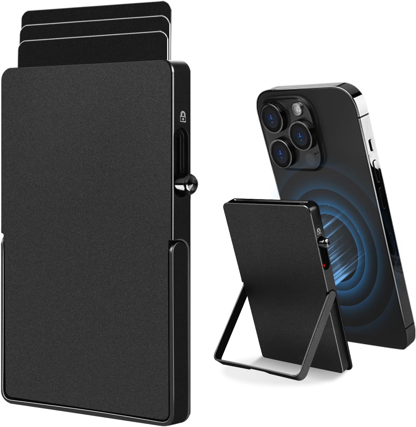 Cartera minimalista con bloqueo RFID y tarjetero delgado para Magsafe con soporte ajustable, billetera magnética emergente de metal para hombre TOYFID