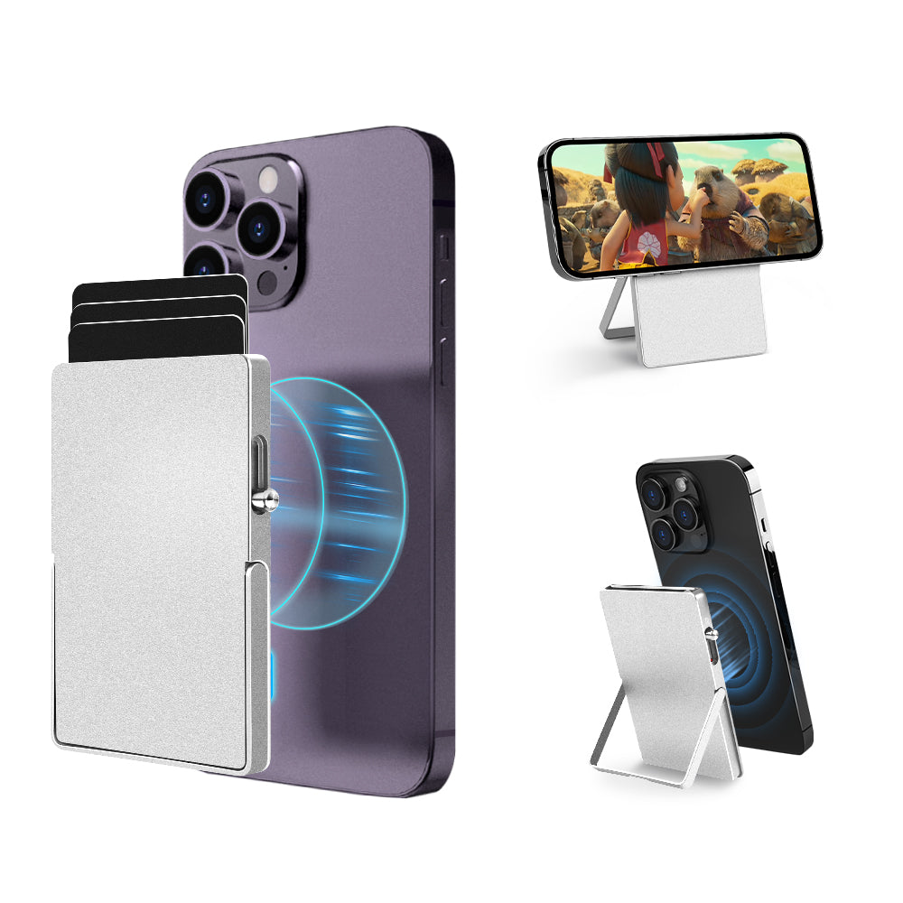 Cartera minimalista con bloqueo RFID y tarjetero delgado para Magsafe con soporte ajustable, billetera magnética emergente de metal para hombre TOYFID