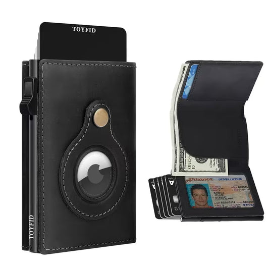 TOYFID Leather Wallet for Men, RFID Blocking Pop up Card Holder with Slide Ejector Button, ID Window, Airtag Slot, Mirror, Large Capacity Organiser for Credit Card/Bank Card/Cash