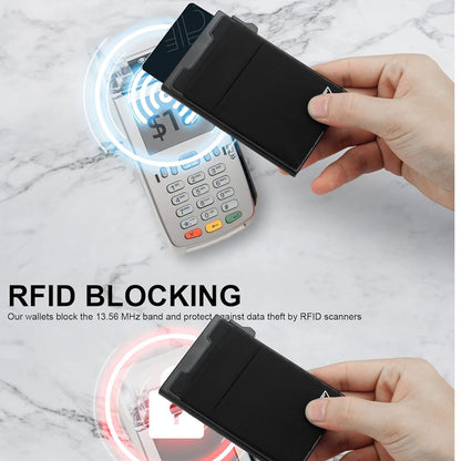 スリム RFIDブロック財布、ポップアップ ミニマリスト カードホルダー 男女兼用、金属製薄型フロントポケット財布、クレジットカードホルダー（伸縮性コインポケット付き）